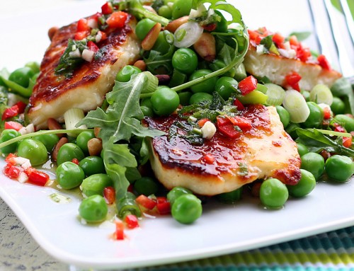 Grilled Halloumi with Peas, Pine Nuts, Broad Beans & Rocket