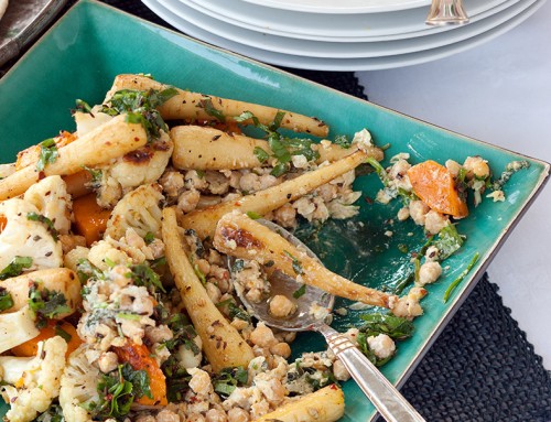 Warm Roasted Piccolo Parsnip and Cauliflower with Spicy Crushed Chickpeas