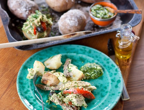 Golden Turkey with Coriander Feta Pesto in Salt Baked Potatoes