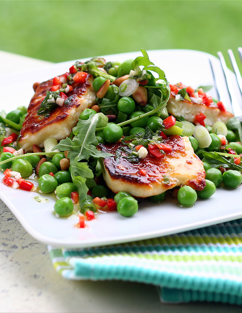 Grilled Halloumi with Peas, Pine Nuts, Broad Beans & Rocket