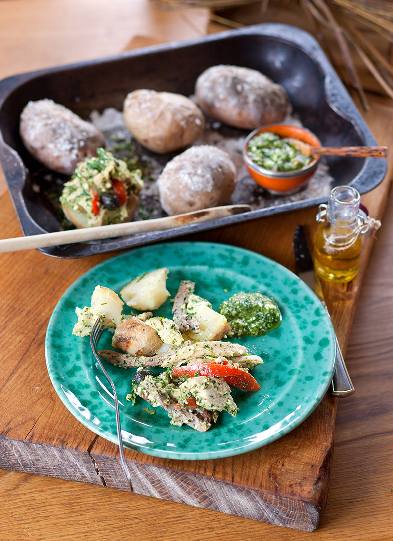 Golden Turkey with Coriander Feta Pesto in Salt Baked Potatoes