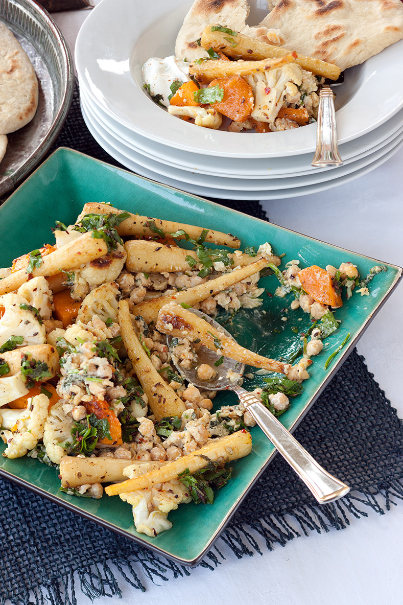 Warm Roasted Piccolo Parsnip and Cauliflower with Spicy Crushed Chickpeas