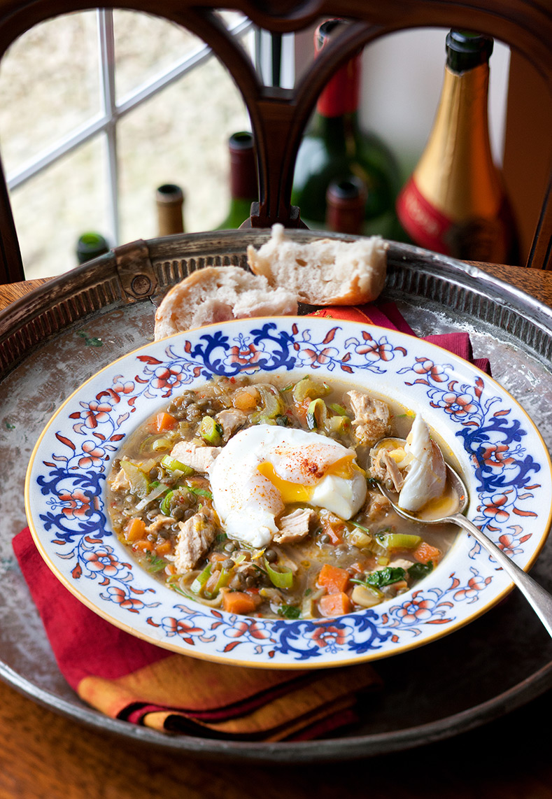 Winter Turkey, Vegetable and Lentil Broth with Poached Egg